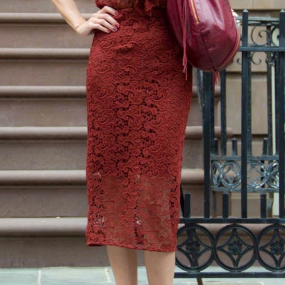 Zara Lace Eyelet Rust Midi Pencil Skirt size small - Picture 3 of 13
